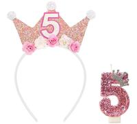 GGUFAY Set Compleanno per 5 Anni: Corona per Compleanno con Glitter e Fiori, Candeline di Compleanno Numeriche con Corona in Cristalli