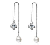 GGYTMQL 925 Flower Crystal Flower Crystal Flowle Thinger, Orecchini a Goccia di Perle Rotondi, Tira Attraverso Orecchini penzolanti, Regalo di Gioielli per Le Donne