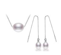 GGYTMQL Accessori 925 Gioielli in Argento Sterling Set Orecchini di Perle di Perle d'Acqua Dolce 7-8 mm Rice Perle Naturali per N 45 cm