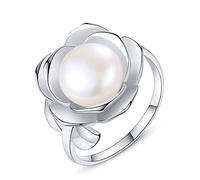 GGYTMQL Anello S925 regolabile per donne - perle d'acqua dolce oversize 3d a forma di fiore lucido elegante anello di dito aperto, regalo di gioielleria per donne