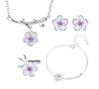 GGYTMQL I Set di Gioielli Fiore di ciliegio Collana Floreale+Orecchini+Anello+Braccialetto per Donne