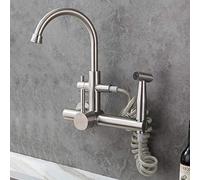 GGYTMQL Rubinetti da cucina a monte a parete, doccia spray, 304 acciaio inossidabile spazzolato, piscina per lavanderia del lavello di balcone, doppio foro, piega a parete, piega del rubinetto
