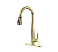 GGYTMQL Rubinetti da cucina dorata con spruzzatore a tiro verso il basso, rubinetto del lavello da cucina con spruzzatore tiro fuori, resistente alle impronte digitali, supporto per ponti a foro