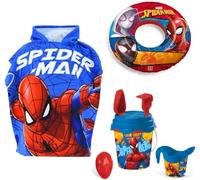 Gh Kit Mare Spiderman, Poncho Mare telo asciugamano Spugna 50x100, Secchiello Mare, Braccioli 3-6 anni, Set Accessori Giochi Spiaggia Bambini, Blu
