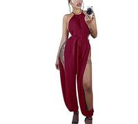 GHAKKE 2023 Tuta da Discoteca Sexy da Donna Eleganti Jumpsuit Senza Maniche con Spalle Scoperte Rompers da Festa per Pantaloni Lunghi con Spacco sulla Gamba Larga (Color : Wine Red, Size : S)