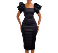 GHAKKE Abito da Cocktail da Donna Elegante con Maniche A Volant Vestito Longuette Matita Aderente A Vita Alta con Collo Quadrato E Taglie Forti(Black,S)