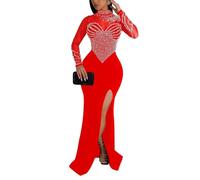 GHAKKE Abito da Cocktail da Donna in Rete Sexy Trasparente con Strass Scintillanti E Perle Vestito Maxi con Collo A Finta Manica Lunga E Orlo A Fessura Alta (Color : Red, Size : S)