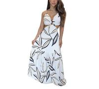 GHAKKE Abito Lungo da Donna Sexy con Scollo A V Profondo Cinturino per Spaghetti Vacanza al Mare Vestito Lungo Senza Maniche Senza Schienale A Vita Alta Ampio E Fluido (Color : White, Size : L)
