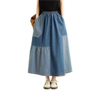 GHAKKE Gonna In Denim Patchwork A Righe Vintage Da Donna Gonna Midi A Trapezio Con Elastico In Vita Gonna Casual Ampia Stampata Con Tasche(Blue-02)