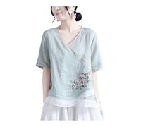 GHAKKE T-shirt Da Donna In Cotone E Lino In Stile Cinese Camicetta Hanfu Con Ricami Floreali Raffinati Camicia Casual A Maniche Corte Con Scollo A V(Green,L)