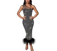 GHAKKE Vestito da Discoteca Sexy con Strass Monospalla da Donna Abito da Cocktail Aderente con Orlo di Piume Abiti da Notte per Club di Compleanno (Color : Black, Size : S)