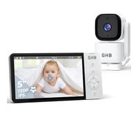 GHB Baby Monitor Video e Audio 5'', 350° Telecamera Rotante 720HD IPS Schermo, 5000mAh, Monitoraggio Temperatura, Visione Notturna, Audio Bidirezionale, VOX, Ninne Nanne