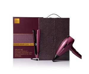 ghd Set Regalo Chronos & Helios Cherry Chic, Include Piastra per Capelli HD Motion-Responsive e Asciugacapelli Professionale in Tonalità Rosso Ciliegia, con Elegante Cofanetto Viaggio