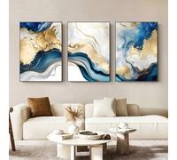 gheasruh Quadro da parete blu e oro, dipinto blu con lamina d'oro bianca e blu, per decorazione soggiorno, quadro da parete effetto marmo (60x80cmx3/Senza cornice)