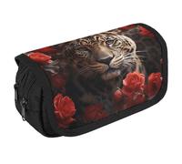 GHENBLT Astuccio per matite con rosa rossa e tigre, grande capacità, grazioso astuccio per penne con 3 scomparti per cancelleria da ufficio, grande astuccio con cerniera, in tessuto, per adulti, borsa