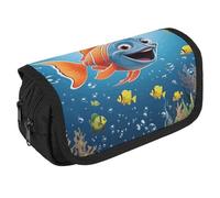 GHENBLT Fish Under The Sea - Astuccio portapenne grande capacità con 3 scomparti, cancelleria da ufficio, grande, con cerniera, in tessuto, per adulti, borsa portatile per trucchi (nero)