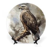 GHEPSDW Acquerello di falco seduto piatti decorativi Bone China Piatto per esposizione Piatti piani in ceramica per tavolo Piatto da dessert con espositore per la decorazione domestica Ornamento