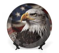GHEPSDW Bald Eagle Bandiera degli Stati Uniti Immagini Piatti decorativi Piatto in porcellana Bone China per esposizione Piatti piani in ceramica per tavolo Piatto da dessert con Espositore per la