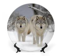 GHEPSDW Due lupi che camminano nella neve piatti decorativi in porcellana Bone China Piatto per esposizione Piatti piani in ceramica per tavolo Piatto da dessert con espositore per decorazione