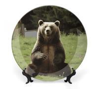 GHEPSDW Hi Bear Sit on the Lawn Piatti decorativi Bone China Piatto per esposizione Piatti piani in ceramica per tavolo Piatto da dessert con espositore per decorazione domestica Ornamento soggiorno