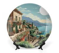 GHEPSDW Mediterraneo Estate Piastre Decorative Osso Cina Piatto per Display in Ceramica Cena Piatti per Tavolo Dessert Piatto con Display Stand per Decorazione Soggiorno Ornamento 10 pollici