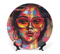 GHEPSDW Ragazza che indossa occhiali da sole Piatti decorativi Piatto in porcellana Bone China per esposizione Piatti piani in ceramica per tavolo Piatto da dessert con espositore per decorazione