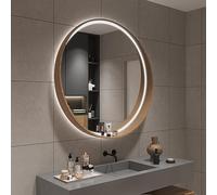 GHHDPDMJ Specchio Illuminato con Cornice in Legno, Specchio da Bagno Rotondo a LED, Specchio da toeletta Illuminato a Parete, Specchio per Il Trucco con sensore Touch, Luce LED dimmerabile a 3 Colori