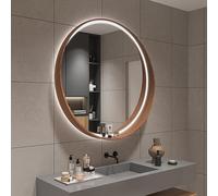 GHHDPDMJ Specchio Illuminato con Cornice in Legno, Specchio da Bagno Rotondo a LED, Specchio da toeletta Illuminato a Parete, Specchio per Il Trucco con sensore Touch, Luce LED dimmerabile a 3 Colori