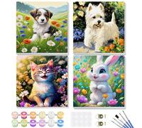 GHHKUD Kit per dipingere con i numeri per bambini e adulti, confezione da 4 dipinti con numeri su tela per principianti, bambini che dipingono con numeri con cornice in legno, animali dei cartoni