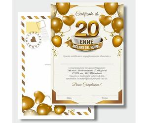 GHIBLI Certificato 20 Enne Migliore del Mondo con Busta, Elegante Diploma Personalizzabile 20° Compleanno, Biglietto Auguri Originale Ragazzo Ragazza, Attestato Ricordo 20 Anni, Regalo Made In Italy