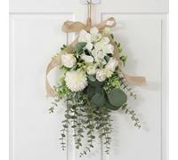 Ghirlanda a goccia, festone floreale - Bouquet da appendere artificiale di eucalipto bianco e crisantemo per porta d'ingresso, parete e decorazioni per matrimoni