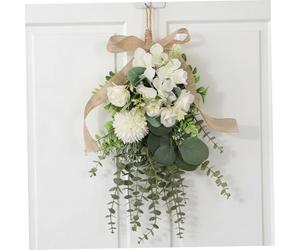Ghirlanda a goccia, festone floreale - Bouquet da appendere artificiale di eucalipto bianco e crisantemo per porta d'ingresso, parete e decorazioni per matrimoni