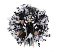Ghirlanda con cappello da strega di Halloween con design a rete con teschio per la decorazione della porta d'ingresso, ghirlanda spettrale, ornamento nero, 40 cm