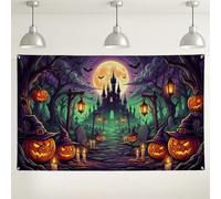 Ghirlanda con castello stregato con scena di Halloween Jack-o'-Lanterns | Paesaggio del castello infestato, sfondo fotografico, zucche con cappello da strega incandescente, foresta inquietante al