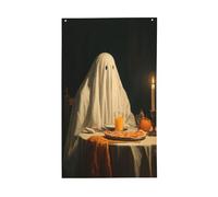 Ghirlanda con fantasma seduto al tavolo, bandierine per la casa, 0,9 x 1,5 m, con occhielli, per interni ed esterni, feste e decorazioni per la casa