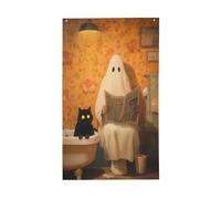 Ghirlanda con fantasma seduto sul WC, per leggere, giornali, cortile, casa, bandiere, 0,9 x 1,5 m, con occhielli, per interni ed esterni, feste e decorazioni per la casa