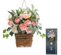 Ghirlanda da appendere alla porta d'ingresso, per porta d'ingresso, con fiori selvatici e cestino da appendere alla porta, in rattan artificiale (B)