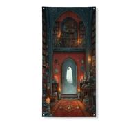 Ghirlanda decorativa per porta della biblioteca infestata, fantasmi spettrali e candele per interni ed esterni, decorazione per Halloween, festival e vacanze, 91 x 182 cm
