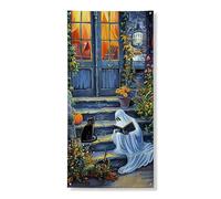 Ghirlanda decorativa per porta fantasma, scena vintage di Halloween con gatto e zucca, decorazione per porta d'ingresso, per interni ed esterni, forniture per festival autunnali, 91 x 182 cm