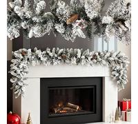 Ghirlanda di abete, 270 cm, innevata con coni e bacche rosse, ghirlanda natalizia con neve artificiale, ghirlanda decorativa per camino, ringhiera e tavolo, decorazione natalizia invernale