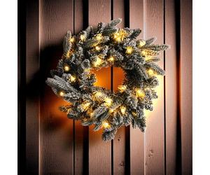 Ghirlanda di abete d'arte con 35 LED per esterni, funzionamento a batteria con timer, 40 cm, luce bianca calda, illuminata con decorazione della neve, per Natale, Avvento, inverno