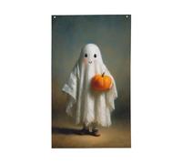 Ghirlanda di bandierine per la casa da cortile con fantasma che tiene una zucca arancione, 0,9 x 1,5 m, striscione di auguri con occhielli per interni ed esterni, decorazioni per la casa