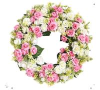 Ghirlanda di eucalipto artificiale con rose bianche e rosa, 45 cm, realistica, ghirlanda floreale per porta d'ingresso, matrimonio, decorazione per la casa, primavera estate (polvere)