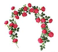 Ghirlanda di fiori finti realistica, 1,9 m, edera artificiale per decorazione da parete e stanza, in seta, da appendere, con 21 fiori multicolore (rosa rossa)