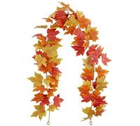 Ghirlanda di foglie d'acero artificiali da 1,5 m, decorazione autunnale realistica in seta da appendere per il Ringraziamento, Halloween, tavolo, caminetto, porta, portico, verde, giallo, rosso (A)