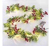 Ghirlanda di luci Artificiali con 162 Bacche Rosse innevate, 55 Foglie Verdi, 20 luci a LED, Funzionamento a Batteria, per Mantello di Natale, per Interni ed Esterni