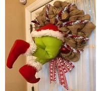 Ghirlanda di Natale ispirata al Grinch, motivo ladro di Natale che ruba dal sacco in iuta, decorazione natalizia per porta, 35 x 45 cm