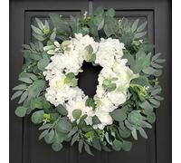 Ghirlanda di Ortensie e Eucalipto Bianco 66cm per Porta d'Ingresso - Grande Ghirlanda Artificiale di Dalie e Rose per Matrimonio, Decorazione Parete Moderna Shabby Chic, Fuoriporta Quattro Stagioni