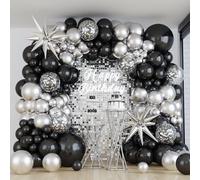 Ghirlanda di palloncini nero e argento con 3 palloncini a stella, 111 pezzi, colore nero e argento, con coriandoli per compleanno, matrimonio, laurea, baby shower, anniversario, festa