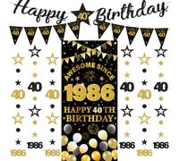 Ghirlanda di striscioni per 40° compleanno, 9 pezzi, nero e oro, striscione di buon compleanno, fantastico dal 1986, tenda scintillante a pois da appendere per donne e uomini, 40 anni